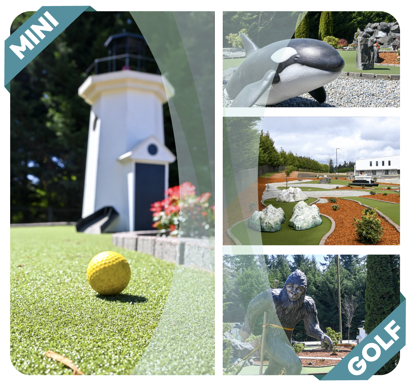 Official Neighborhood Greens Mini Golf collage showing the course, lighthouse, orca and Sasquatch features