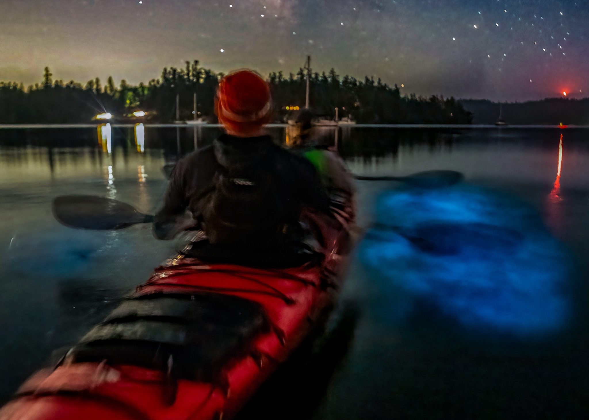 Night kayaker paddling through blue bioluminescent water on Hood Canal